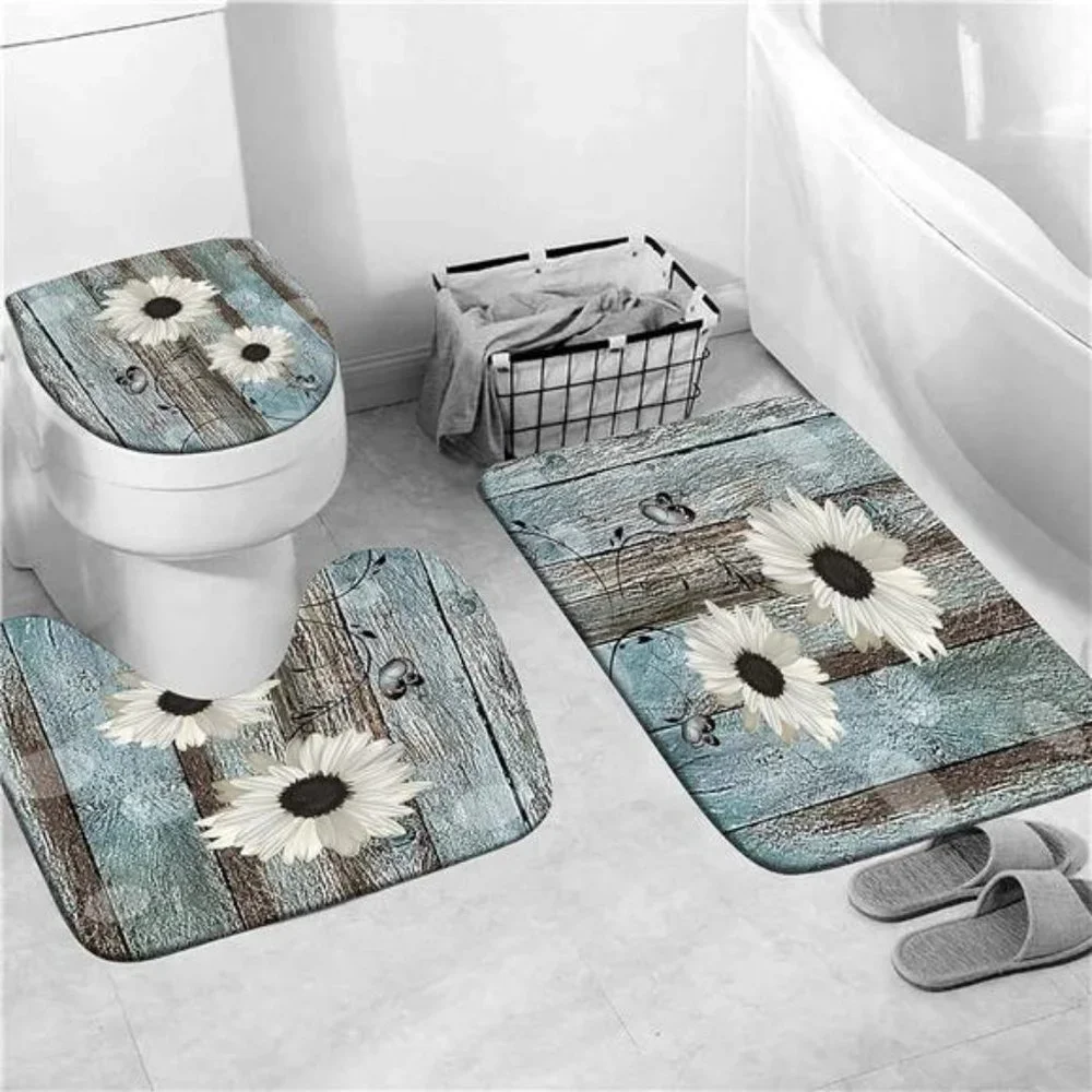 White Daisy Flower Shower CurtainSets with Rugs 4Piece Rustic Flower Floral Wood